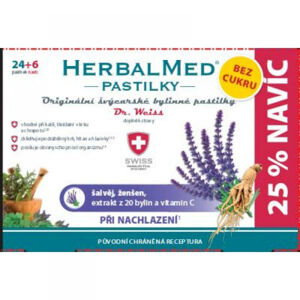 DR. WEISS HerbalMed pastilky bez cukru Šalvěj + ženšen + vitamín C 24 + 6 kusů, poškozený obal