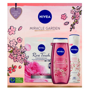 NIVEA Miracle Garden Dárková sada - 10minutová hydratační textilní maska 1 ks + sprchový gel 250 ml + sprej deodorant 150 ml