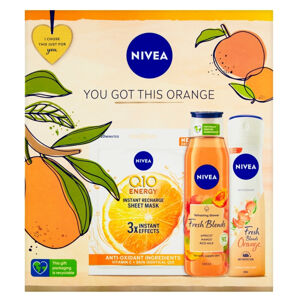 NIVEA You Got This Orange Dárková sada - textilní maska Q10 1 ks + sprchový gel Apricot Fresh Blends 300 ml + antiperspirant Orange Fresh Blends 150 m