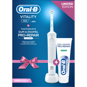 ORAL-B Vitality D100 Sensitive White + Oral-B Gum & Enamel Pro-Repair Extra Fresh 75ml dárkové balení
