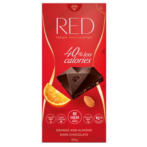 RED Hořká čokoláda s pomerančovou příchutí a mandlemi bez přidaného cukru 100 g