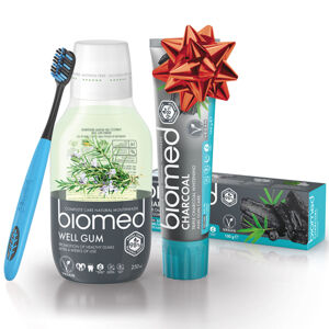 Vánoční BIOMED Charcoal & Well Gum zubní pasta 100 g, ústní voda 250 ml se zubním kartáčkem, poškozený obal