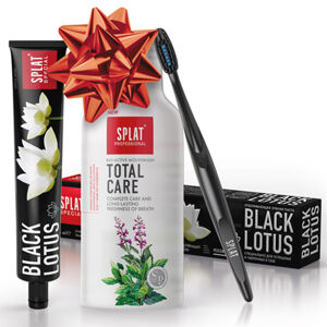 Vánoční SPLAT Trio Black Lotus & Total Care zubní pasta a voda s kartáčkem navíc 75 + 275 ml