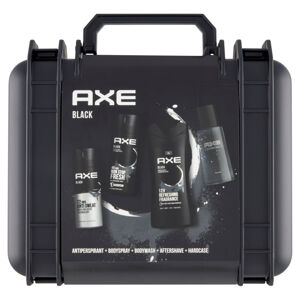 AXE  Black antiperspirant, deodorant, sprchový gel, voda po holení 150 ml + 150 ml + 400 ml + 100 ml dírkové balení v kufříku, poškozený obal